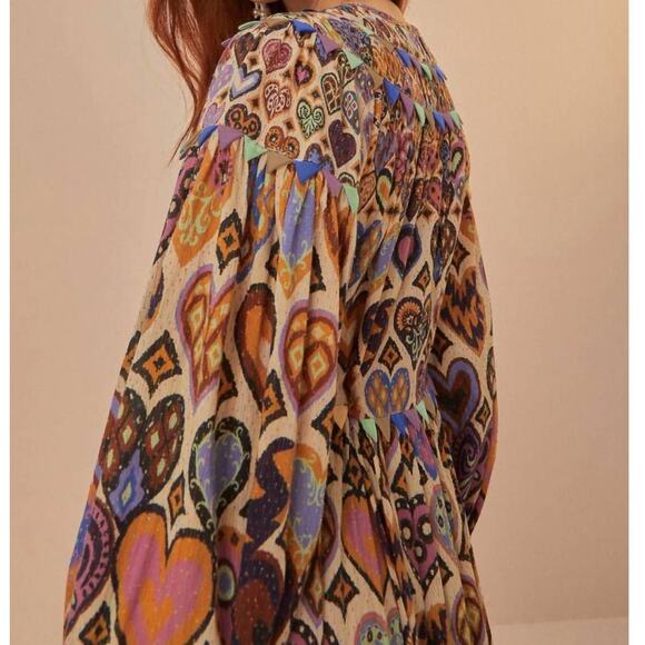 Farm Rio Cream Hearts Ikat Maxi Dress Sz XL Patchwork Boho - Picture 3 of 8
